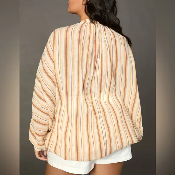 Anthropologie NWT Striped Tie-Front Blouse Balloon Sleeve Boho Top - Size Medium - Picture 3 of 8